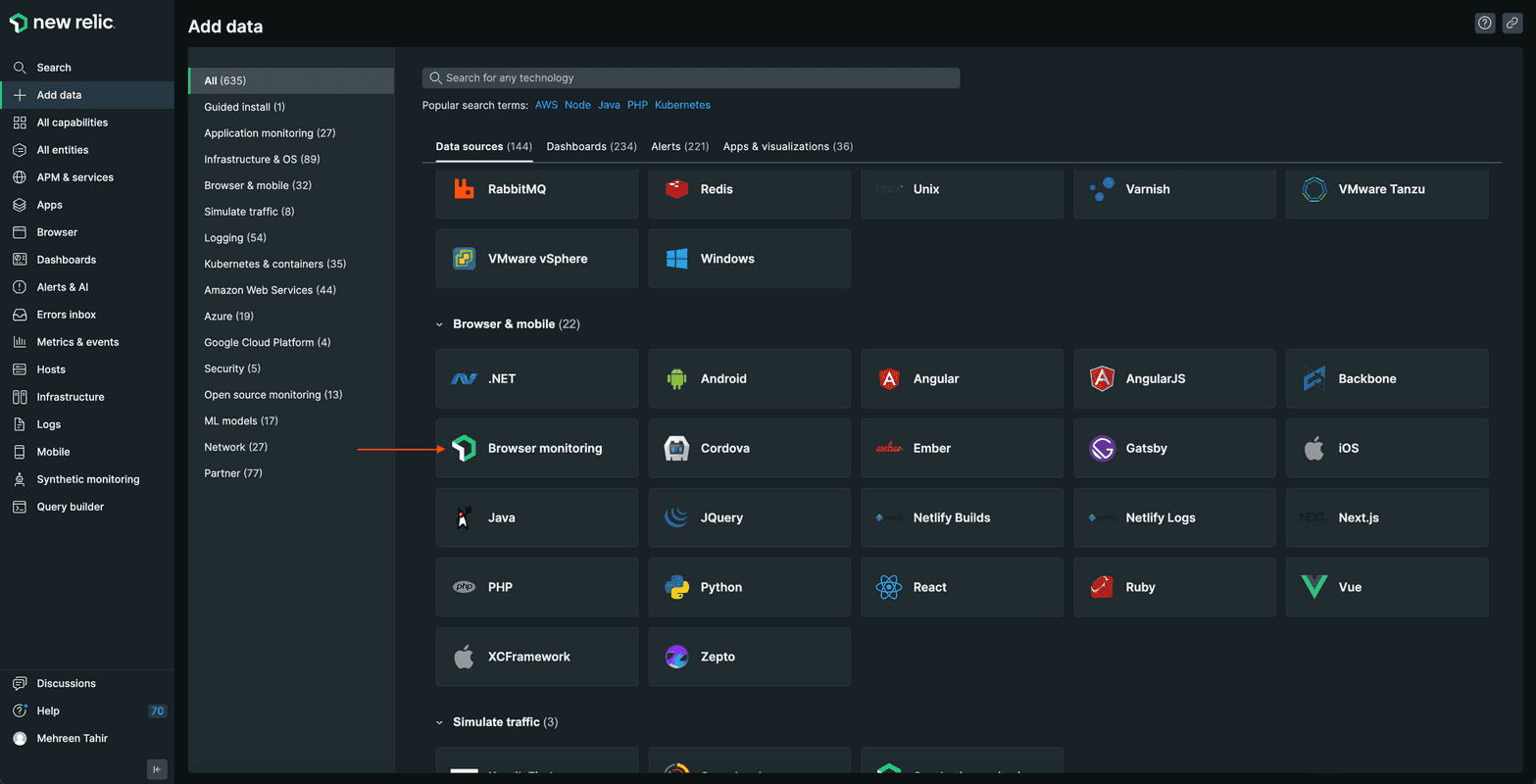 New Relic Browser with the new navigation